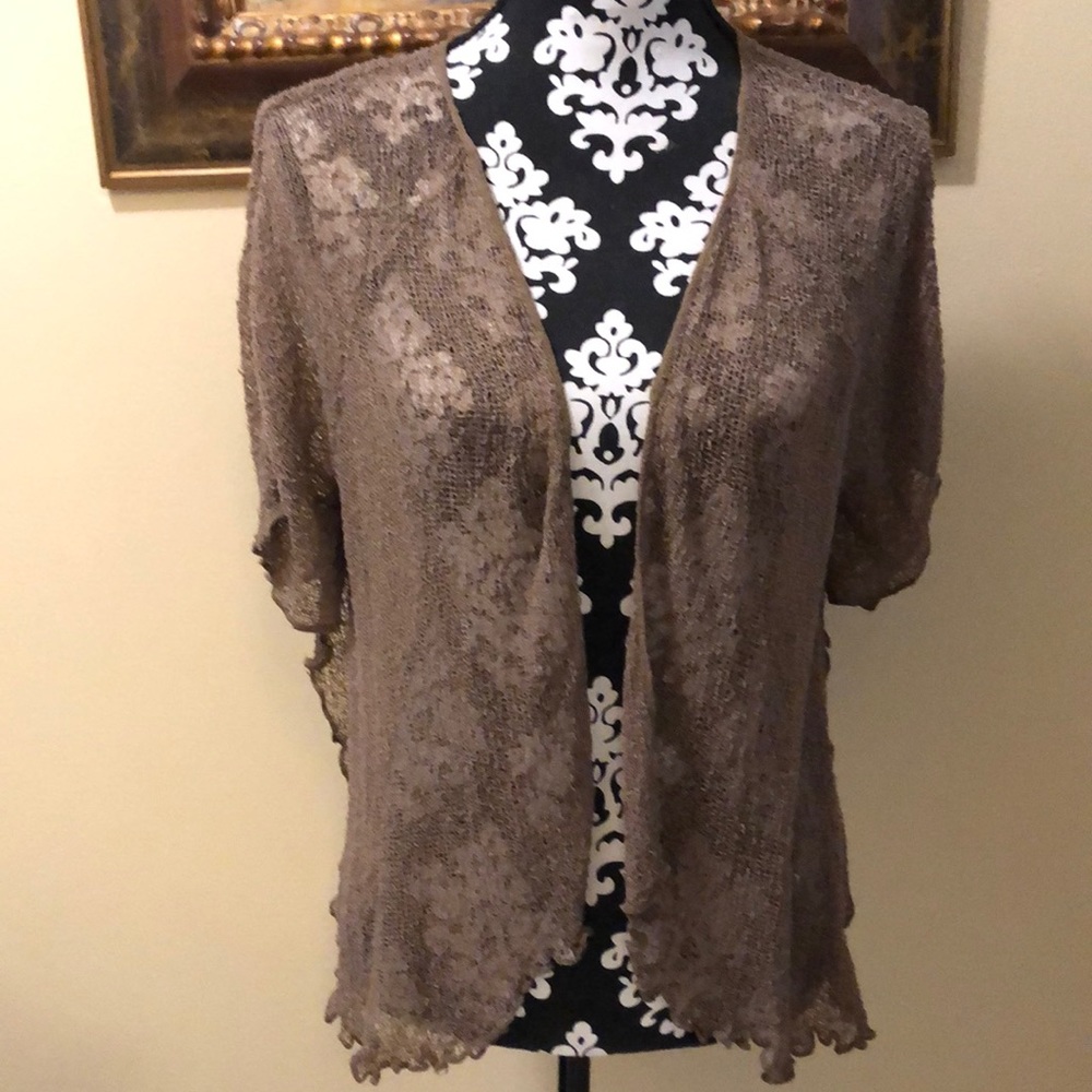 Lovely ruffled scallop edged delicately woven open cropped cardigan
